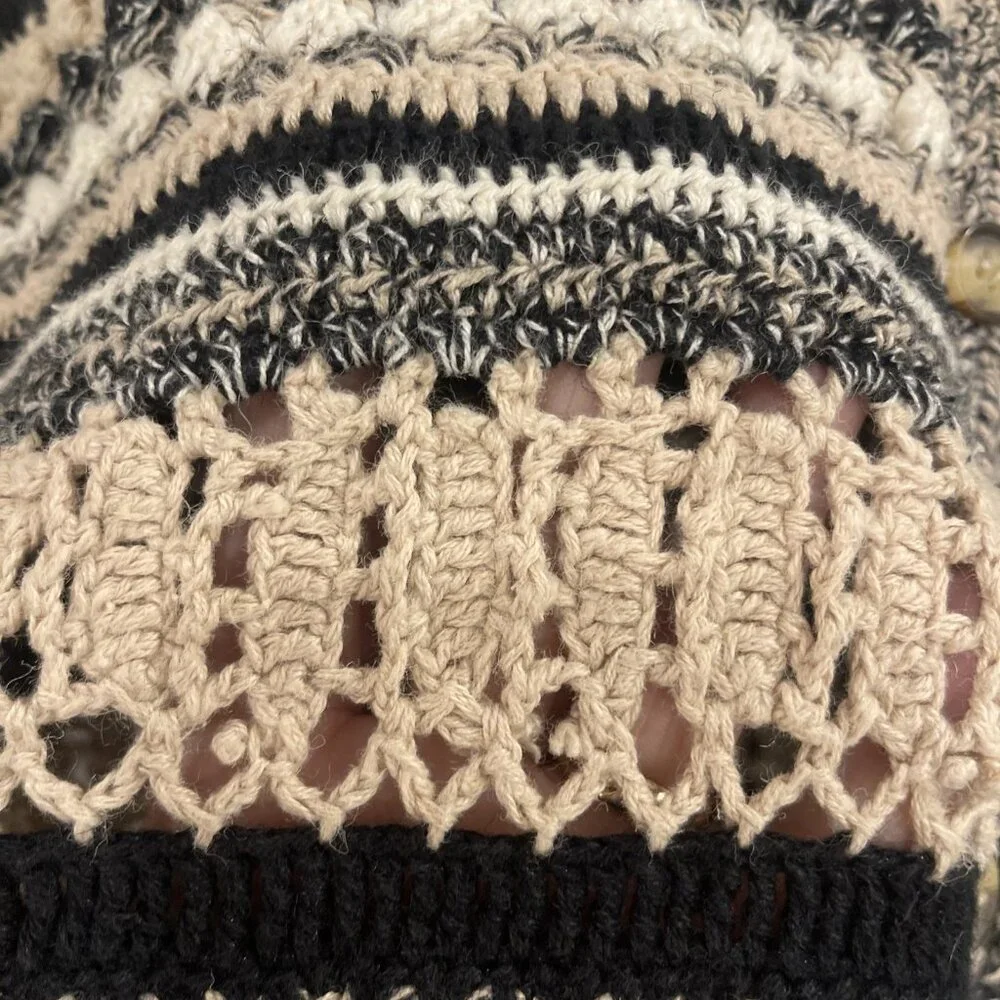 Vtg  Christopher & Banks Hand Knit Cardigan Sweater Women’s M Black, White & Tan
